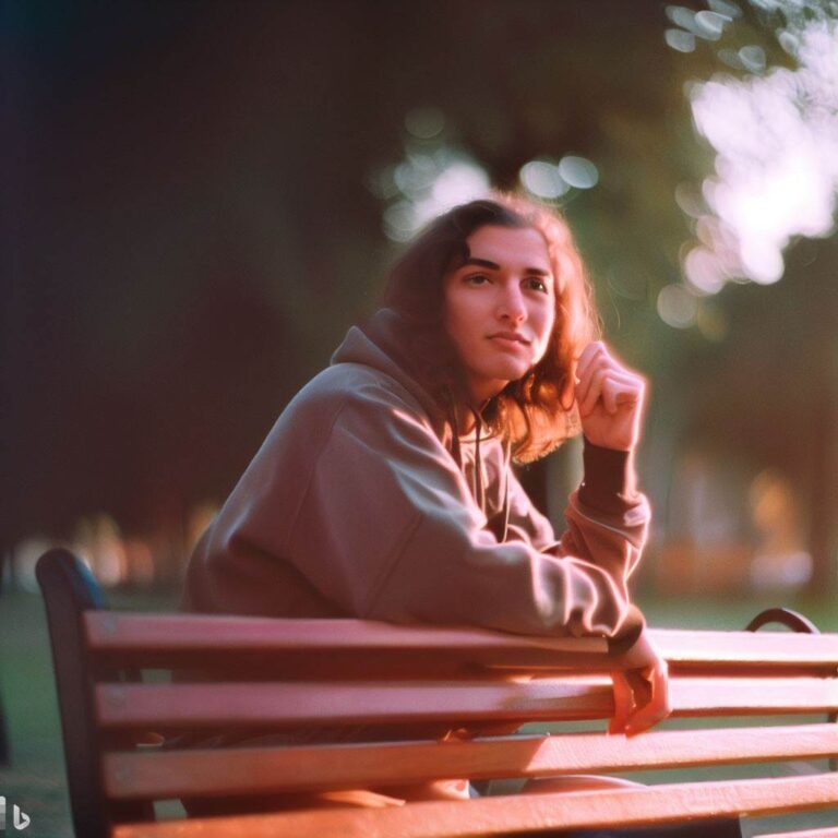 A person sitting alone on a park bench with a thoughtful expression, Polyamory, transgender, relationships, identity, self-discovery, Film camera, Prime lens, Morning, Serene, Color