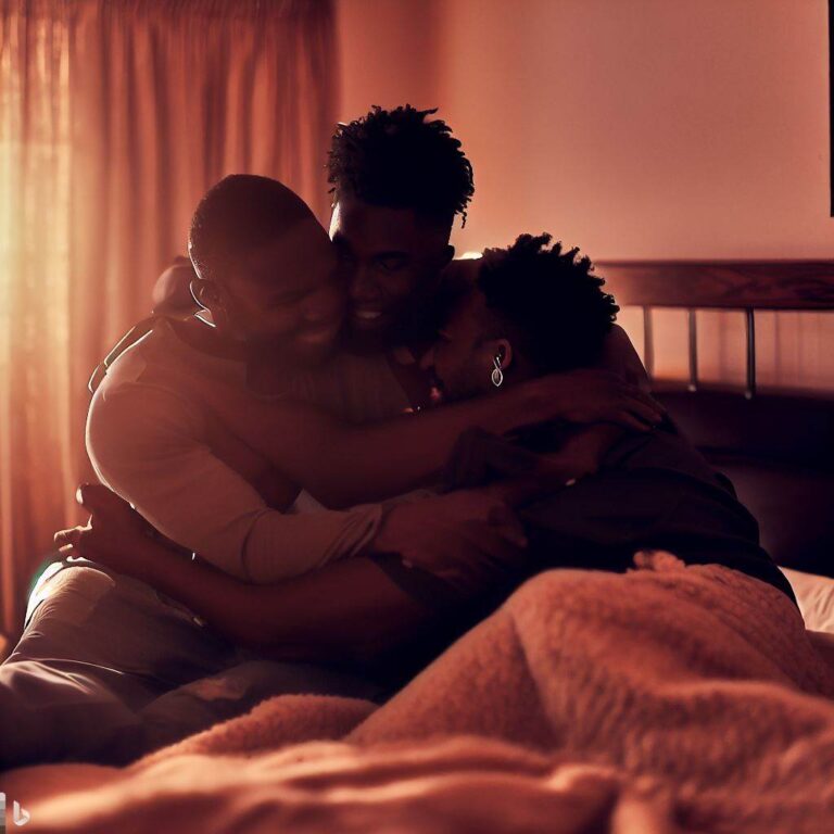 A polyamorous relationship dynamic with three individuals in an intimate embrace, each person's unique physical features highlighted, a cozy bedroom setting with warm lighting and soft bedding, capturing the tenderness and love between them, Photography, using a 50mm lens and natural lighting