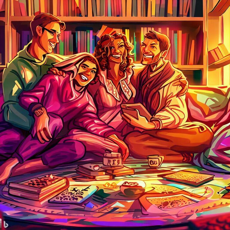 A polyamorous V-shaped relationship gathered on a cozy couch, surrounded by soft blankets and warm light, playing a board game and laughing together, with a bookshelf full of well-loved books and board games in the background, Digital art, with a bright and vibrant color palette, using bold outlines and a cartoonish style