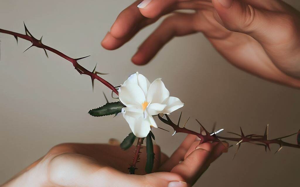 two hands holding a delicate flower with thorns. One hand is gently cradling the flower while the other hand is carefully avoiding the thorns, symbolizing the delicate balance of handling jealousy in a new polyamorous relationship