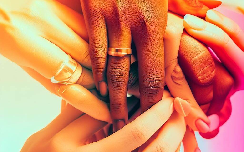 A bright and colorful image of three hands of different skin tones intertwined, all wearing wedding rings