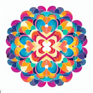 A colorful mandala of overlapping hearts, each with a unique pattern, representing the diverse and inclusive nature of polyamory.