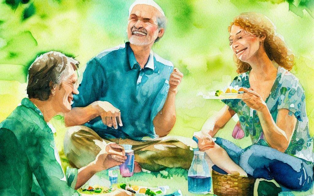 A group of middle-aged polyamorous partners enjoying a picnic in a lush green park, laughing and chatting while sharing food and drinks, with a feeling of community and connection, Artwork, watercolor painting on paper