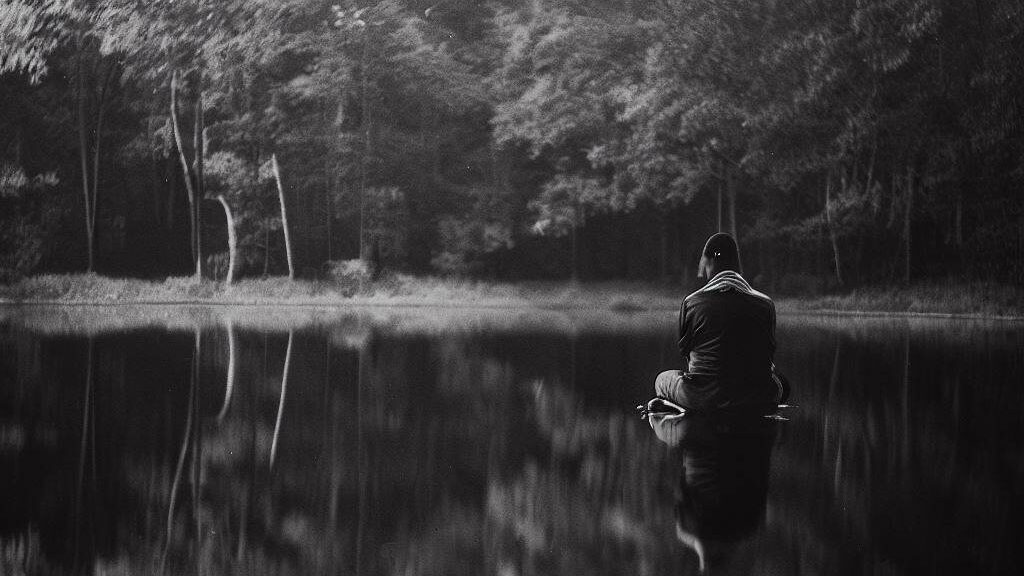 An individual sits alone in a peaceful setting, surrounded by nature, as they contemplate their readiness for a polyamorous relationship. "introspection, contemplation, self-reflection", mirrorless, prime lens, early morning, fine art style, black and white film