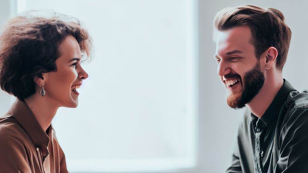 two individuals sitting across from each other at a table, with open and relaxed body language. They are both smiling and nodding as they engage in a calm and respectful conversation.