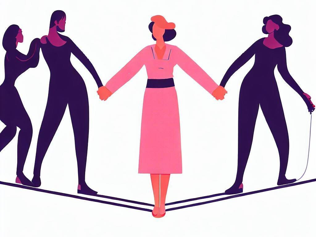 Create an image of a person holding hands with multiple partners while standing on a tightrope, symbolizing the balancing act and trust required in a polyamorous relationship in a monogamous world.