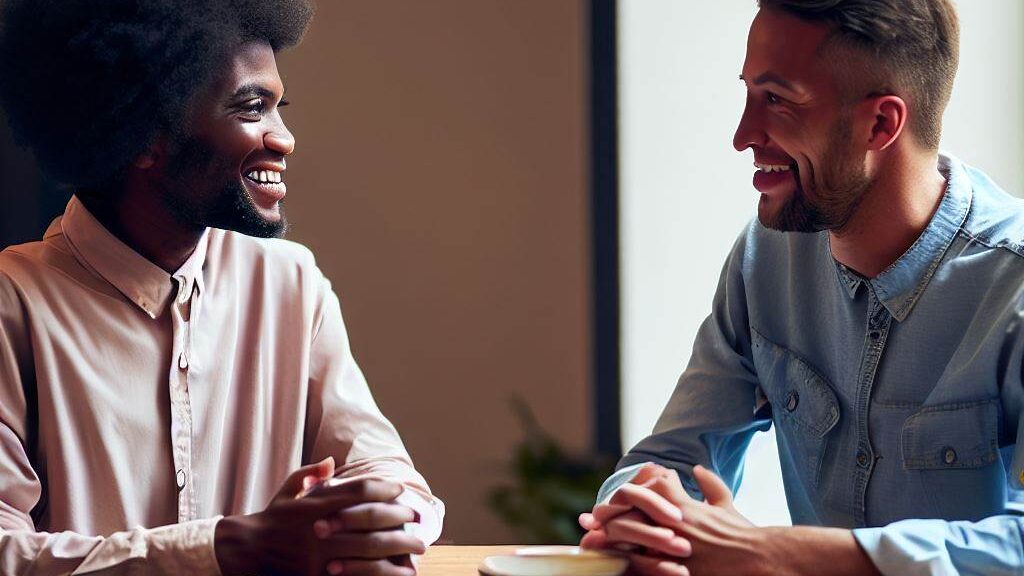 two individuals sitting across from each other at a table, with open and relaxed body language. They are both smiling and nodding as they engage in a calm and respectful conversation.