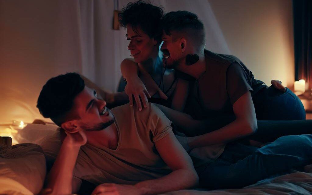 A polyamorous relationship with three partners lying on a bed, one partner snuggled up while the other two kiss, dimly lit bedroom with soft music and scented candles, complex emotions of desire, envy, and acceptance, Photography, mirrorless camera with a 35mm lens