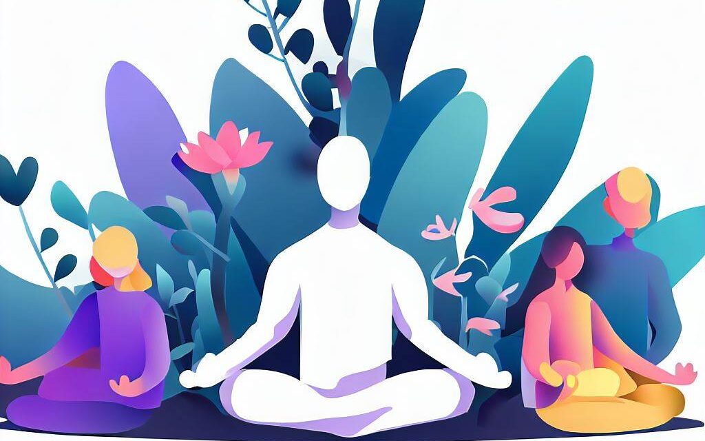 Create an image of a person sitting in a peaceful garden, surrounded by plants and flowers, meditating or practicing yoga, with two or more partners resting nearby, all smiling and content