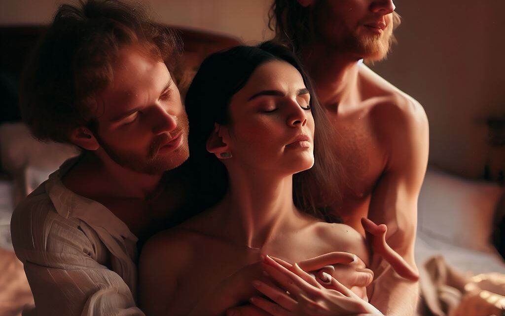 A polyamorous relationship dynamic with three individuals in an intimate embrace, each person's unique physical features highlighted, a cozy bedroom setting with warm lighting and soft bedding, capturing the tenderness and love between them, Photography, using a 50mm lens and natural lighting