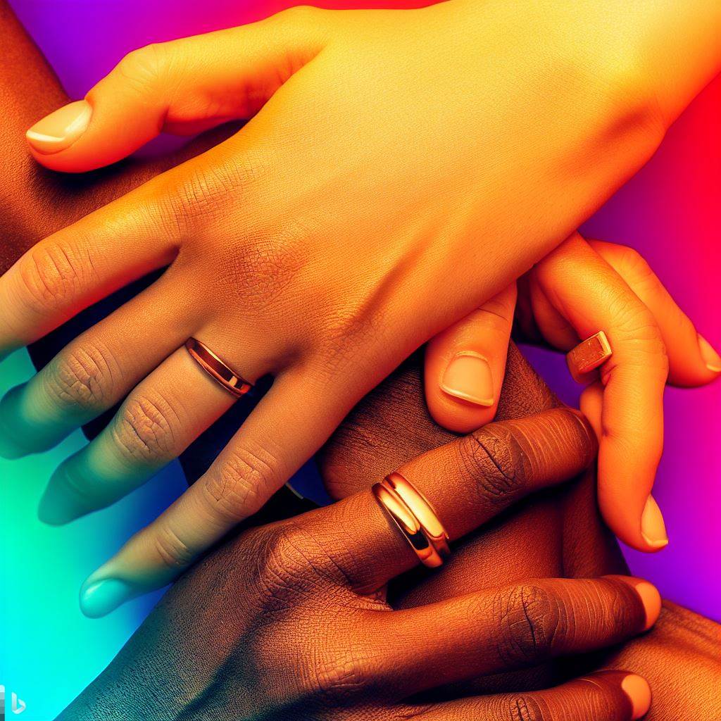 A bright and colorful image of three hands of different skin tones intertwined, all wearing wedding rings