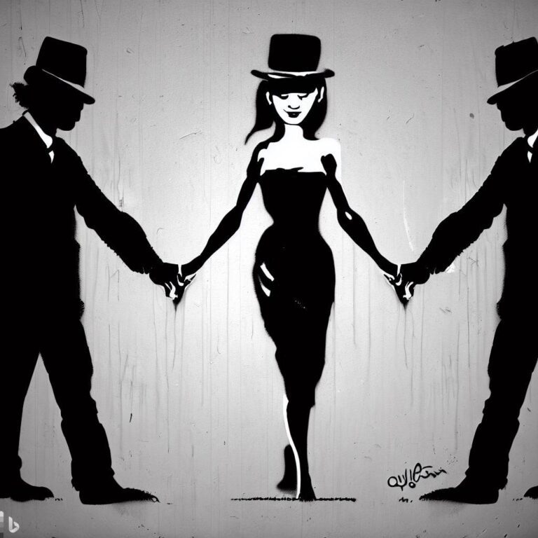 A Metamour standing between two individuals, holding hands with both, their gaze locked in a deep understanding, in the style of banksy