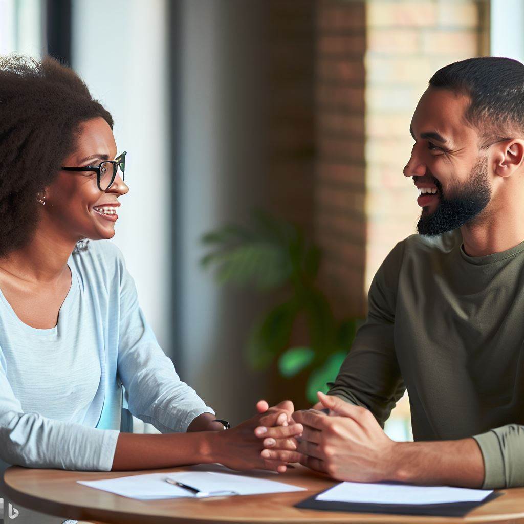 two individuals sitting across from each other at a table, with open and relaxed body language. They are both smiling and nodding as they engage in a calm and respectful conversation.