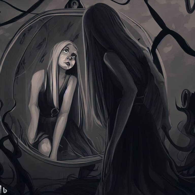A Polyamorous individual looking at themselves in a mirror, surrounded by negative self-talk and comparison traps, struggling to love themselves fully, with a dark and oppressive atmosphere, Illustration, digital art, using a monochromatic color scheme