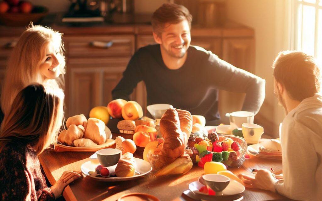 A cozy kitchen table scene with three people sitting around it, smiling and enjoying breakfast together, colorful fruits and pastries on the table, warm sunlight shining through the window, Photography, taken with a Canon 50mm lens, f/2.8 aperture