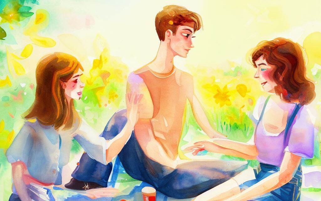 A group of friends enjoying a polyamorous relationship, depicted in a sunny park with green grass, blooming flowers, and a picnic blanket, focusing on the love and affection between the individuals, while challenging the societal norms, Painting, using watercolor paints and paper