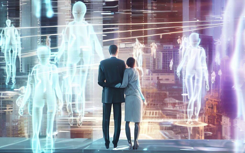 An open marriage captured in a futuristic cityscape, with the couple standing on a balcony overlooking the bustling streets, surrounded by holographic projections of their past and future partners, reflecting the complexity and fluidity of their relationship, 3D, using a high-end rendering engine and advanced lighting techniques