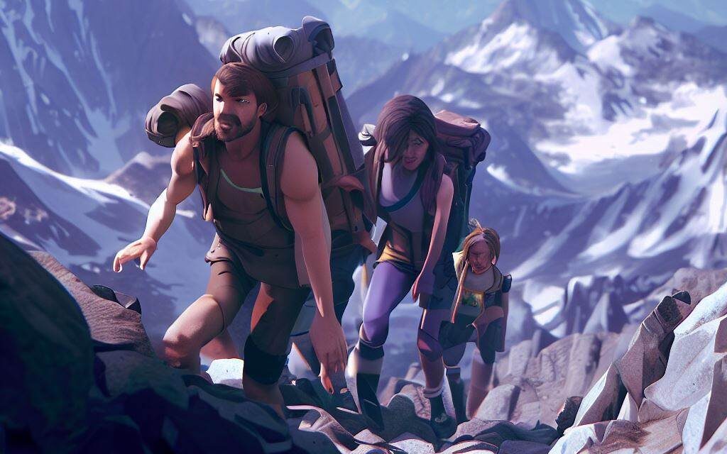 A polyamorous group hiking in a mountain range, with a breathtaking view of snow-capped peaks in the distance. The environment is rugged and challenging, with rocky terrain and steep inclines. The atmosphere is adventurous and daring, with each person pushing themselves to their limits and supporting each other along the way. The style is 3D animation, with each person's movement and expressions carefully crafted to show their strength and resilience