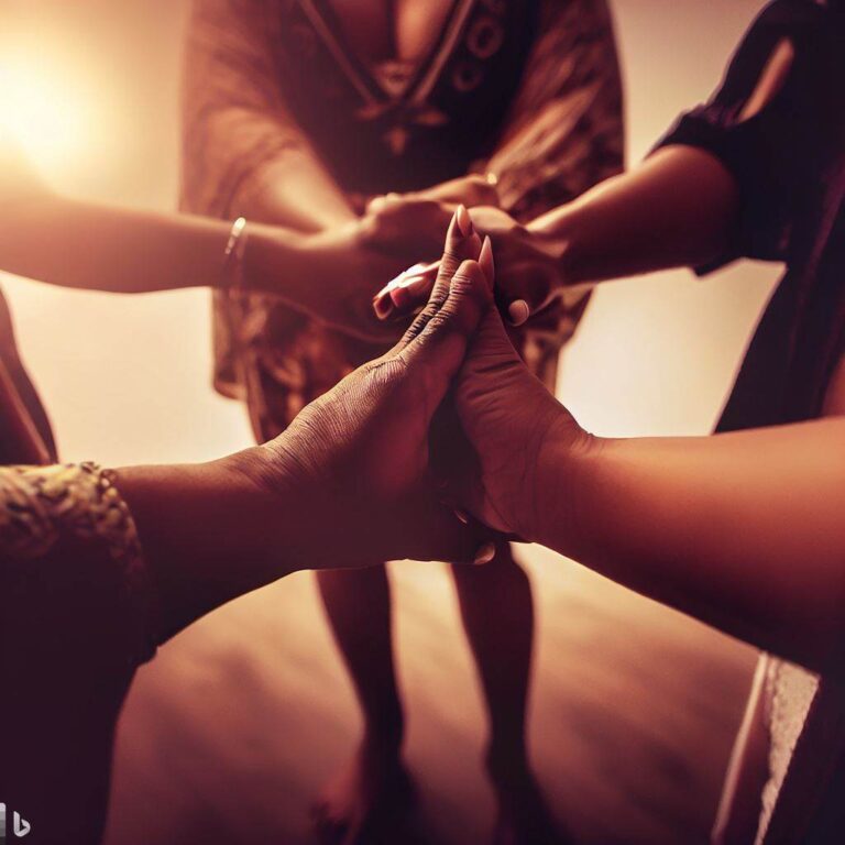 A powerful image of consent in polyamory, with three individuals holding hands in a circle, each with a unique gesture that signifies their agreement and understanding. They are surrounded by a soft, warm light that emphasizes their connection and mutual respect. Photography, using a wide-angle lens to capture the intimacy of the moment
