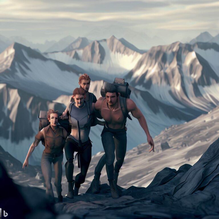 A polyamorous group hiking in a mountain range, with a breathtaking view of snow-capped peaks in the distance. The environment is rugged and challenging, with rocky terrain and steep inclines. The atmosphere is adventurous and daring, with each person pushing themselves to their limits and supporting each other along the way. The style is 3D animation, with each person's movement and expressions carefully crafted to show their strength and resilience