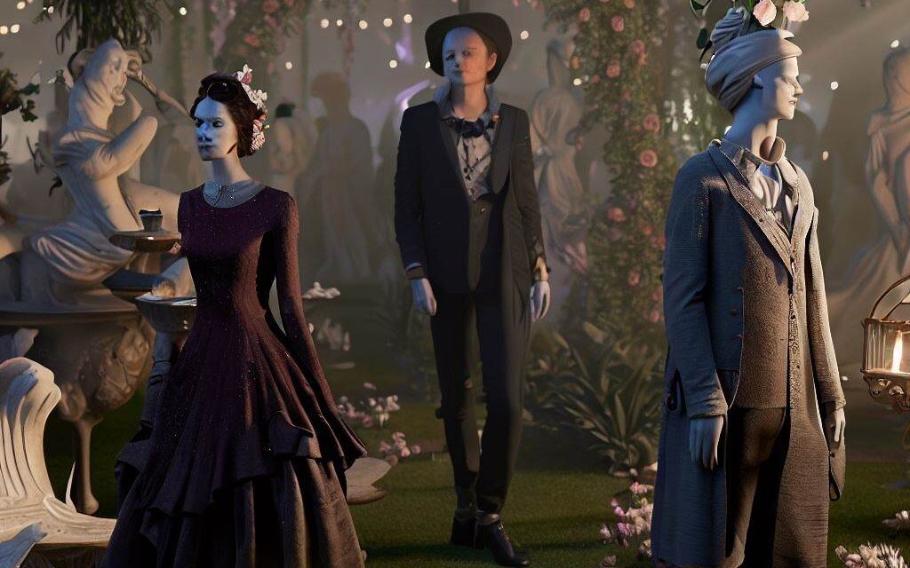 A sophisticated garden party with people dressed in fancy attire, surrounded by elegant decorations and sculptures, a fountain in the center of the garden, the atmosphere is refined and classy, Sculpture, creating a 3D model of the scene with intricate details, using lighting and textures to enhance the mood