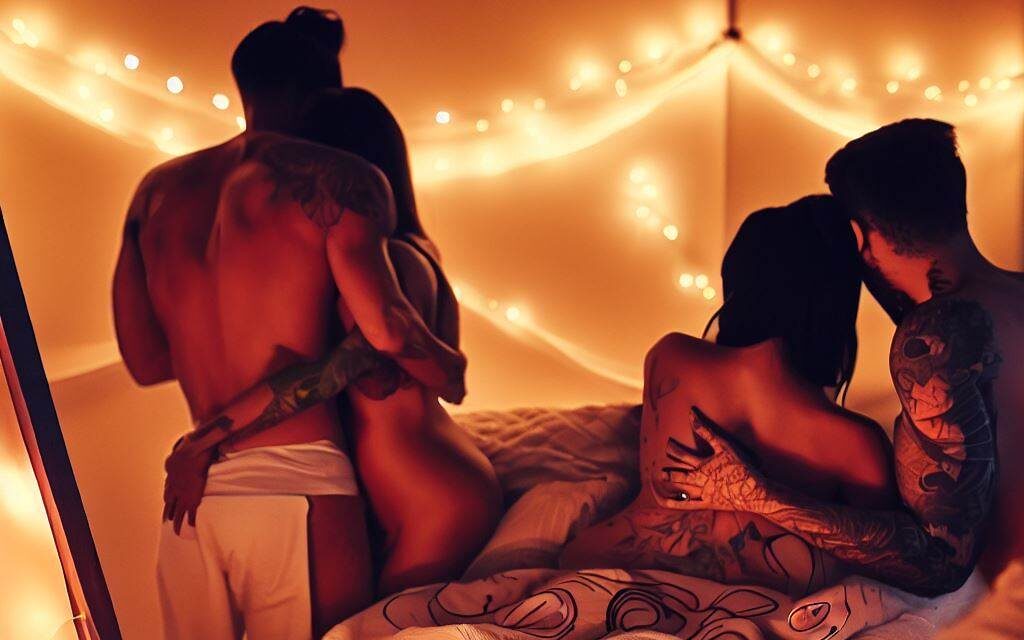 A romantic and dreamy scene of polyamorous relationships, featuring a trio in a candlelit bedroom, with soft blankets and pillows, and a focus on their intertwined bodies, tattoos, and lingerie, Painting, with acrylics and a large canvas, emphasizing the warmth and sensuality of the scene