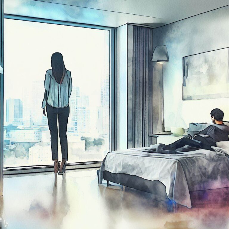 A woman standing in front of a large window, looking out at the city skyline, while her boyfriend sits on the bed, looking sad and contemplative, modern high-rise apartment with sleek furnishings, introspective atmosphere, Watercolor painting, with soft, muted tones