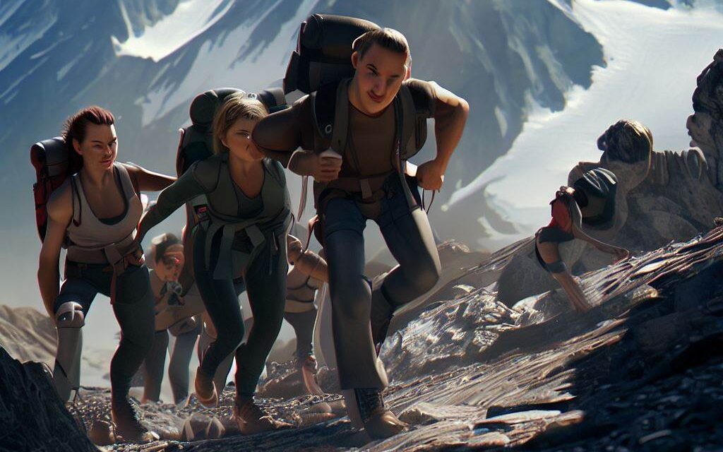 A polyamorous group hiking in a mountain range, with a breathtaking view of snow-capped peaks in the distance. The environment is rugged and challenging, with rocky terrain and steep inclines. The atmosphere is adventurous and daring, with each person pushing themselves to their limits and supporting each other along the way. The style is 3D animation, with each person's movement and expressions carefully crafted to show their strength and resilience