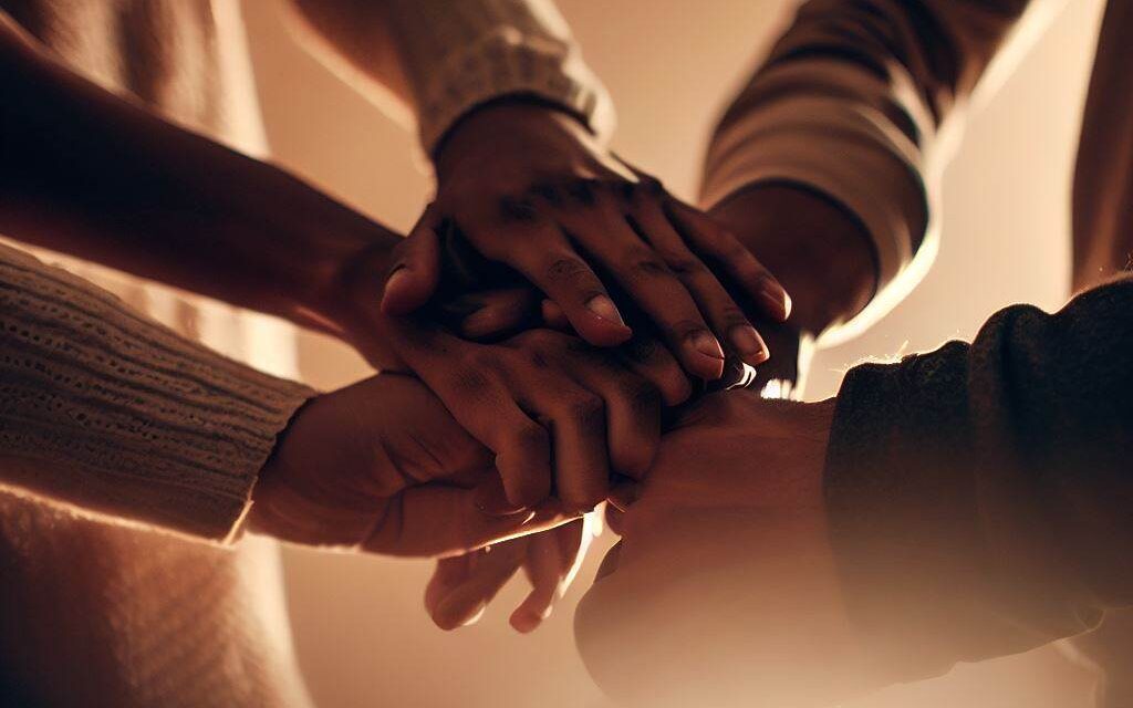 A powerful image of consent in polyamory, with three individuals holding hands in a circle, each with a unique gesture that signifies their agreement and understanding. They are surrounded by a soft, warm light that emphasizes their connection and mutual respect. Photography, using a wide-angle lens to capture the intimacy of the moment