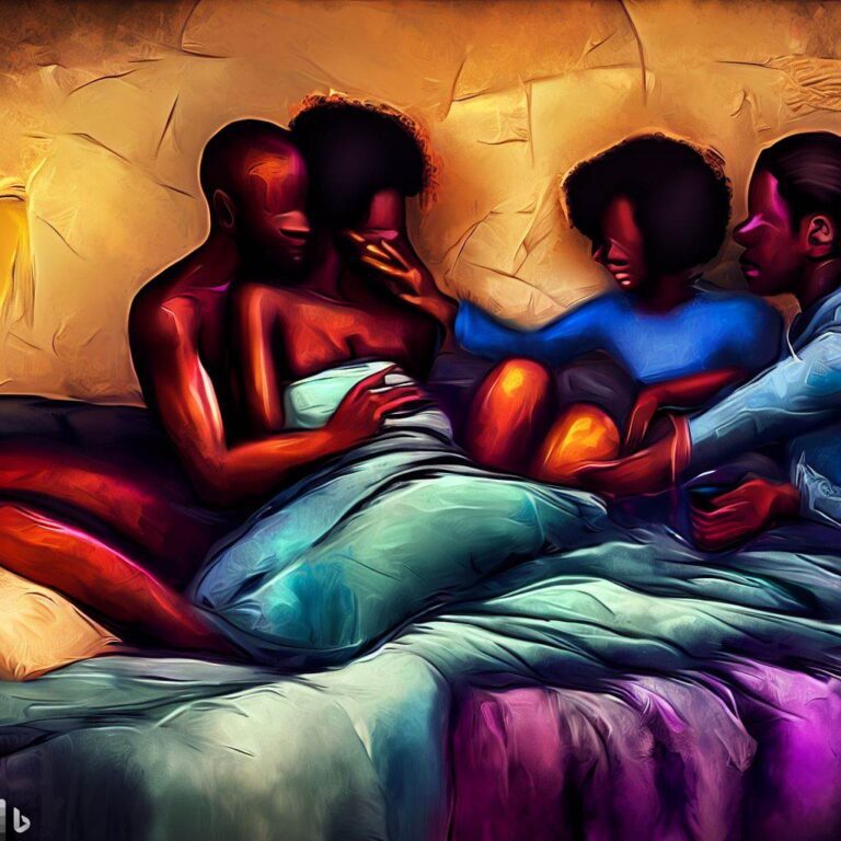 A polyamorous relationship with three people sitting on a bed, cuddling and talking, surrounded by pillows and blankets, a sense of intimacy and closeness, Artwork, digital painting