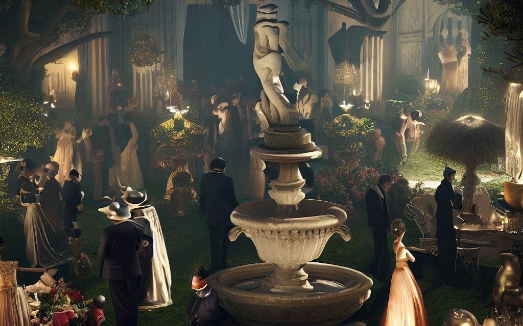 A sophisticated garden party with people dressed in fancy attire, surrounded by elegant decorations and sculptures, a fountain in the center of the garden, the atmosphere is refined and classy, Sculpture, creating a 3D model of the scene with intricate details, using lighting and textures to enhance the mood