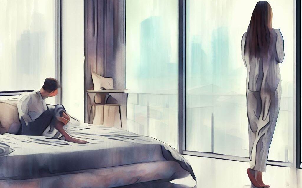 A woman standing in front of a large window, looking out at the city skyline, while her boyfriend sits on the bed, looking sad and contemplative, modern high-rise apartment with sleek furnishings, introspective atmosphere, Watercolor painting, with soft, muted tones