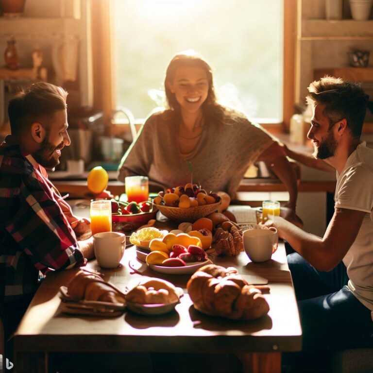 A cozy kitchen table scene with three people sitting around it, smiling and enjoying breakfast together, colorful fruits and pastries on the table, warm sunlight shining through the window, Photography, taken with a Canon 50mm lens, f/2.8 aperture