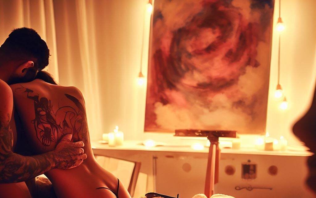 A romantic and dreamy scene of polyamorous relationships, featuring a trio in a candlelit bedroom, with soft blankets and pillows, and a focus on their intertwined bodies, tattoos, and lingerie, Painting, with acrylics and a large canvas, emphasizing the warmth and sensuality of the scene