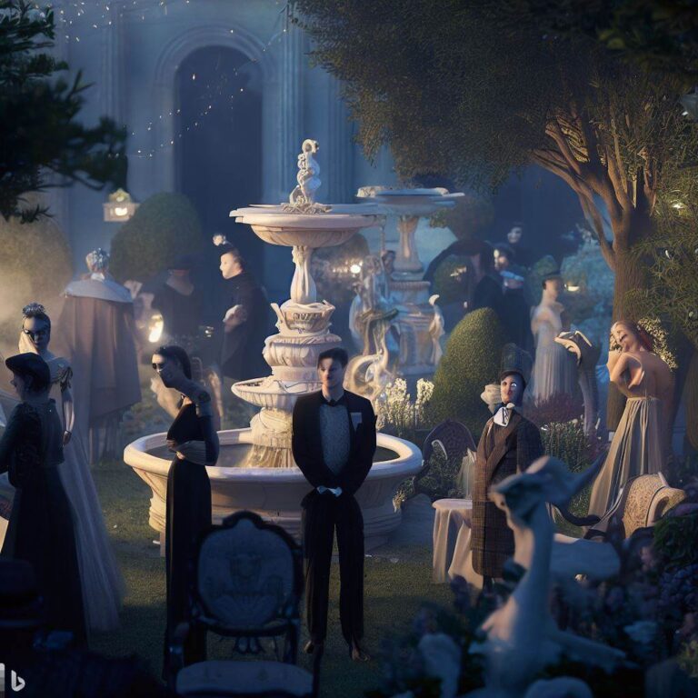 A sophisticated garden party with people dressed in fancy attire, surrounded by elegant decorations and sculptures, a fountain in the center of the garden, the atmosphere is refined and classy, Sculpture, creating a 3D model of the scene with intricate details, using lighting and textures to enhance the mood