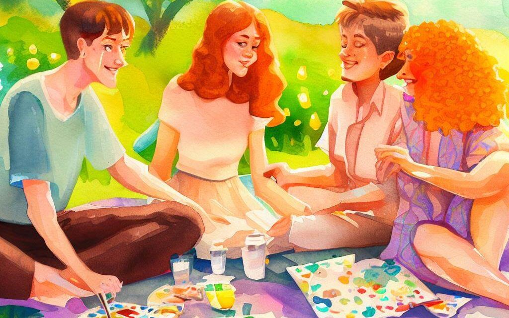 A group of friends enjoying a polyamorous relationship, depicted in a sunny park with green grass, blooming flowers, and a picnic blanket, focusing on the love and affection between the individuals, while challenging the societal norms, Painting, using watercolor paints and paper