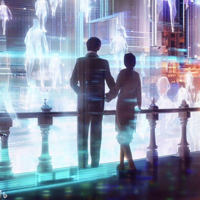 An open marriage captured in a futuristic cityscape, with the couple standing on a balcony overlooking the bustling streets, surrounded by holographic projections of their past and future partners, reflecting the complexity and fluidity of their relationship, 3D, using a high-end rendering engine and advanced lighting techniques