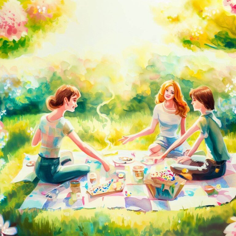 A group of friends enjoying a polyamorous relationship, depicted in a sunny park with green grass, blooming flowers, and a picnic blanket, focusing on the love and affection between the individuals, while challenging the societal norms, Painting, using watercolor paints and paper