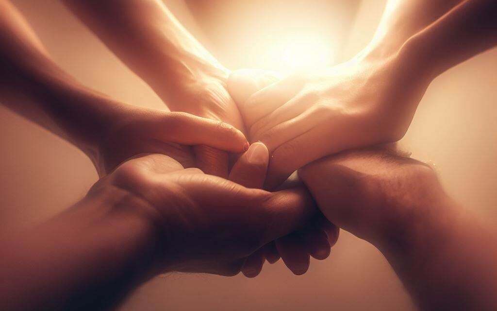 A powerful image of consent in polyamory, with three individuals holding hands in a circle, each with a unique gesture that signifies their agreement and understanding. They are surrounded by a soft, warm light that emphasizes their connection and mutual respect. Photography, using a wide-angle lens to capture the intimacy of the moment