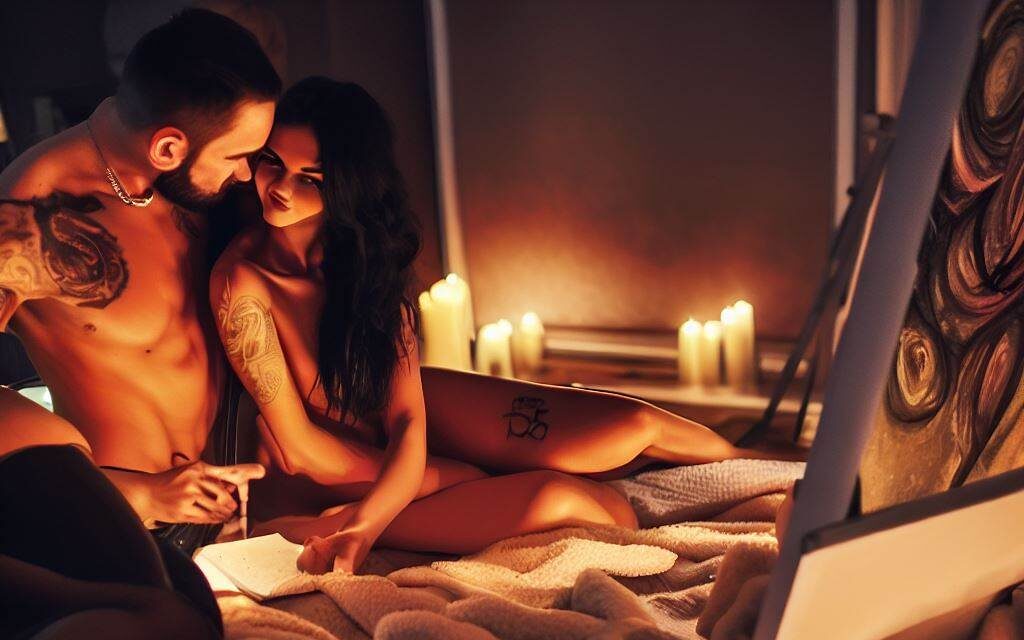 A romantic and dreamy scene of polyamorous relationships, featuring a trio in a candlelit bedroom, with soft blankets and pillows, and a focus on their intertwined bodies, tattoos, and lingerie, Painting, with acrylics and a large canvas, emphasizing the warmth and sensuality of the scene