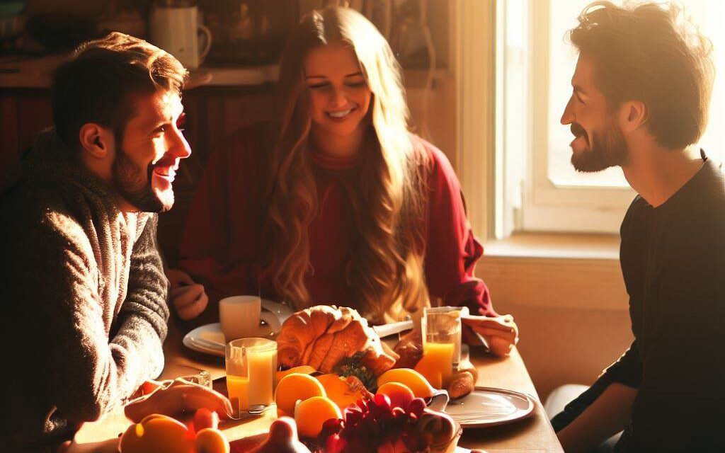 A cozy kitchen table scene with three people sitting around it, smiling and enjoying breakfast together, colorful fruits and pastries on the table, warm sunlight shining through the window, Photography, taken with a Canon 50mm lens, f/2.8 aperture