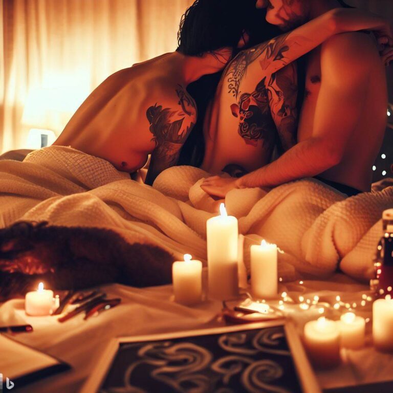 A romantic and dreamy scene of polyamorous relationships, featuring a trio in a candlelit bedroom, with soft blankets and pillows, and a focus on their intertwined bodies, tattoos, and lingerie, Painting, with acrylics and a large canvas, emphasizing the warmth and sensuality of the scene