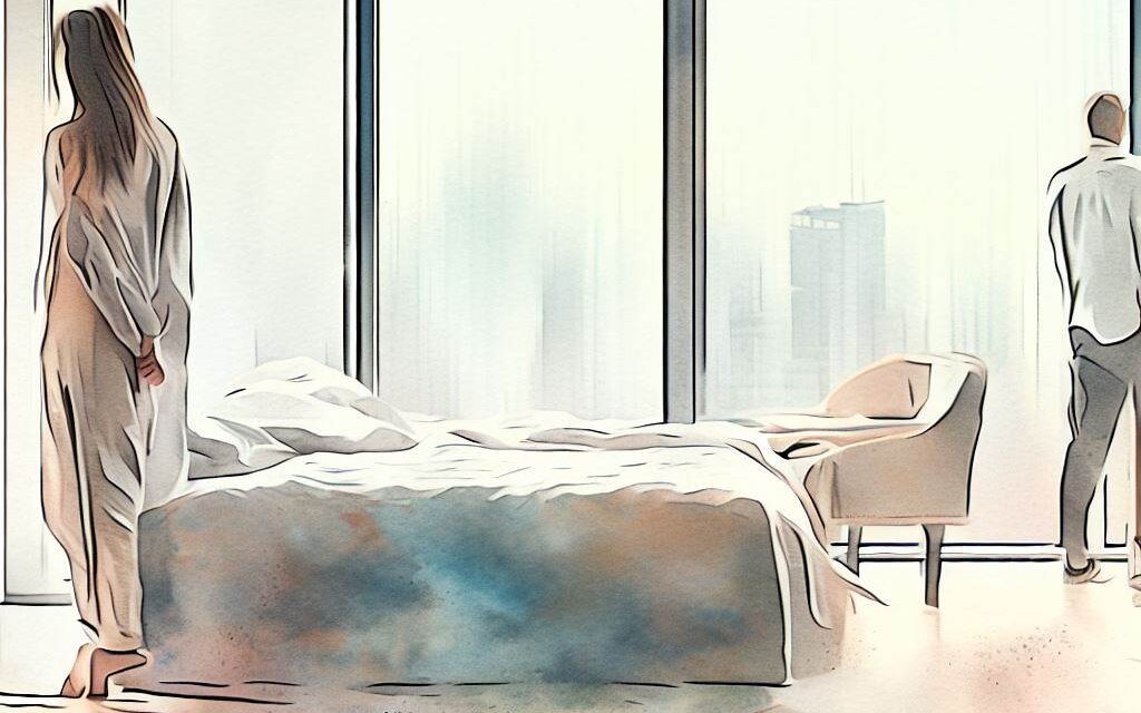 A woman standing in front of a large window, looking out at the city skyline, while her boyfriend sits on the bed, looking sad and contemplative, modern high-rise apartment with sleek furnishings, introspective atmosphere, Watercolor painting, with soft, muted tones