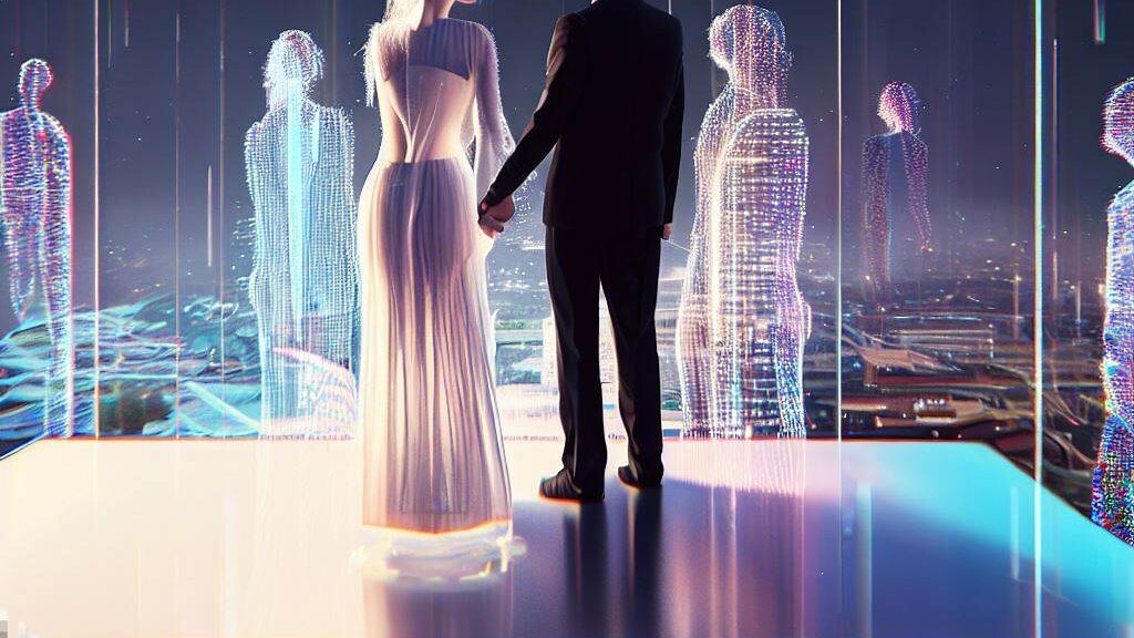 An open marriage captured in a futuristic cityscape, with the couple standing on a balcony overlooking the bustling streets, surrounded by holographic projections of their past and future partners, reflecting the complexity and fluidity of their relationship, 3D, using a high-end rendering engine and advanced lighting techniques