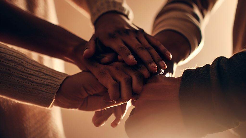 A powerful image of consent in polyamory, with three individuals holding hands in a circle, each with a unique gesture that signifies their agreement and understanding. They are surrounded by a soft, warm light that emphasizes their connection and mutual respect. Photography, using a wide-angle lens to capture the intimacy of the moment