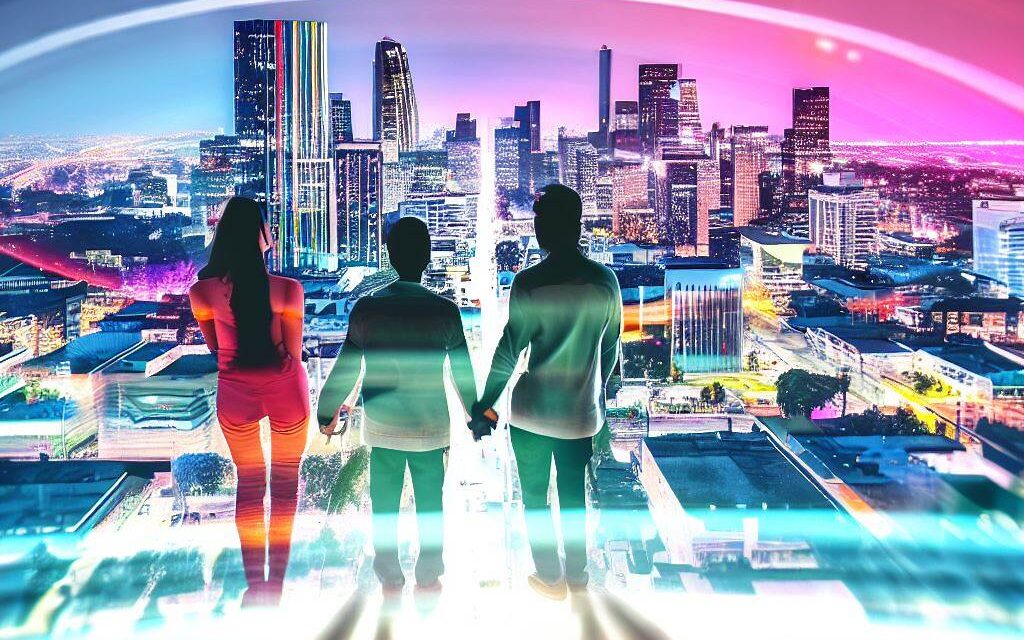 A Poly V Relationship represented as a modern cityscape, with the three individuals standing on a rooftop, overlooking the bustling streets below, holding hands and looking towards the future with hope and excitement, Photography, with a telephoto lens zooming into the trio