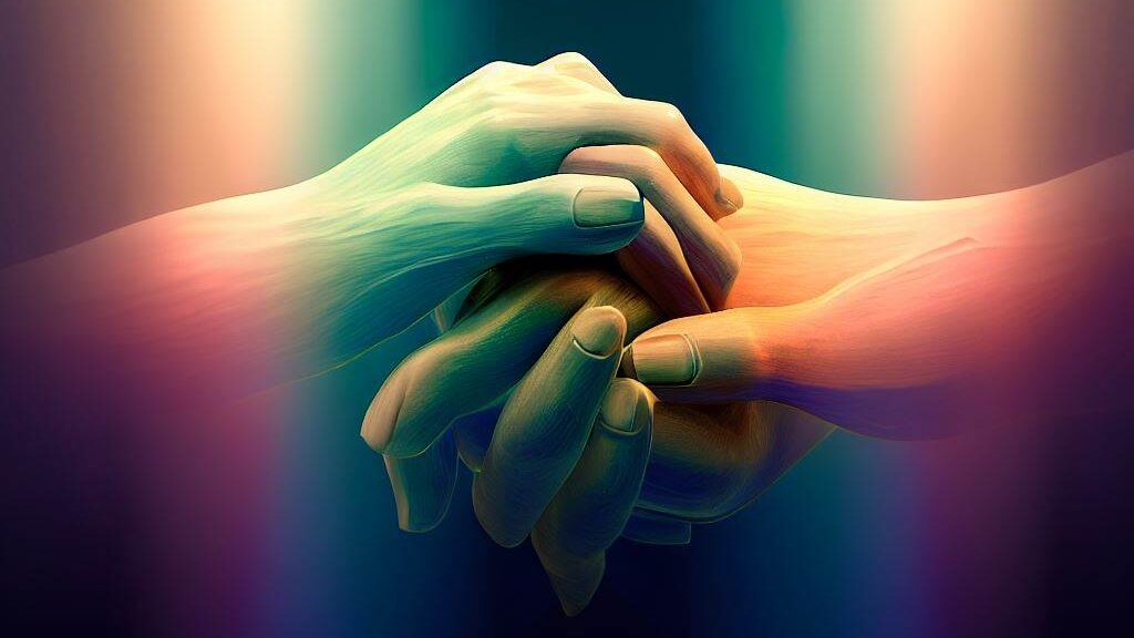 an image of three hands intertwined, each with a different color representing different partners, with a beam of light shining down on them