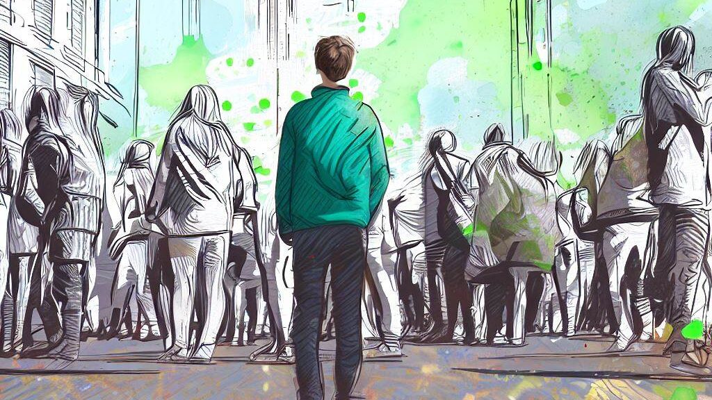 A person standing alone in a crowded street, looking at a group of friends laughing and having a good time, feeling envious of their connection and happiness, the street is busy with cars and people, with buildings towering above, Artwork, sketch on paper with splashes of green